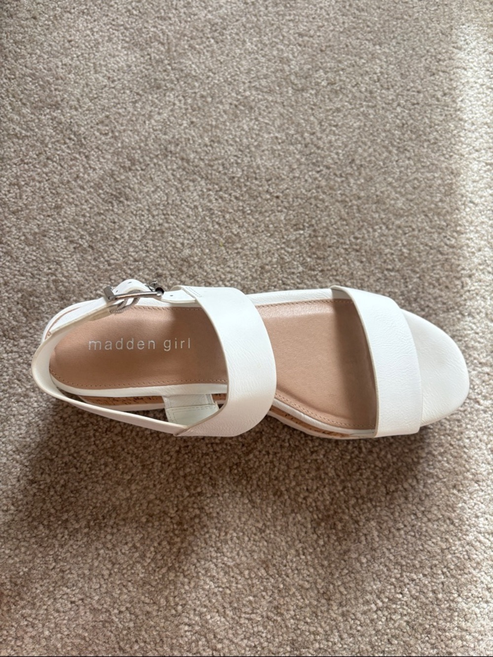 Madden Girl White Cork Platform Sandals with Silver Buckle - Picture 2 of 6